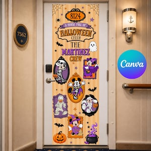 Puede incluir: Una cubierta de puerta vertical de Halloween con fondo de rayas naranja claro, telarañas, murciélagos y estrellas. Muestra el texto 8124, A HOUSE FULL OF HALLOWEEN CHEER, THE MARTINEZ CREW y varios personajes de dibujos animados disfrazados.