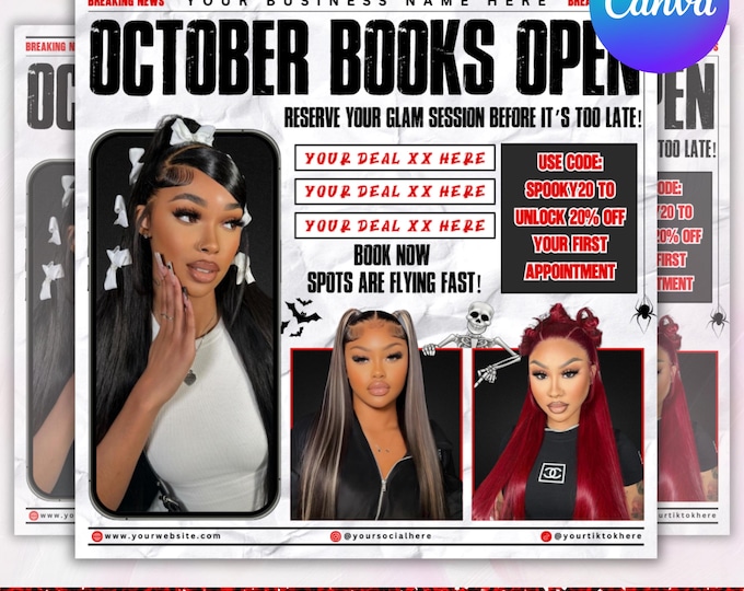October Booking Flyer, October Books Open, Halloween Hair Flyer, Spooky SZN Flyer, October Hair Flyer, Nails MUA Lash Locs Wig, DIY Canva