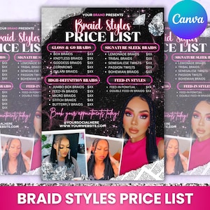 Braids Pricelist, Braids Price List Flyer,Knotless Braids Flyer,Beauty Salon Price Sheet, Premade Lash hair Nails Price List, Canva Editable