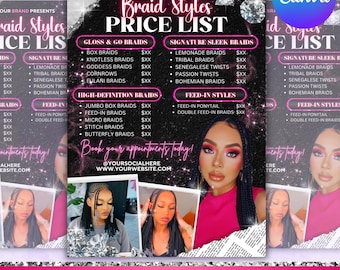 Braids Pricelist, Braids Price List Flyer,Knotless Braids Flyer,Beauty Salon Price Sheet, Premade Lash hair Nails Price List, Canva Editable