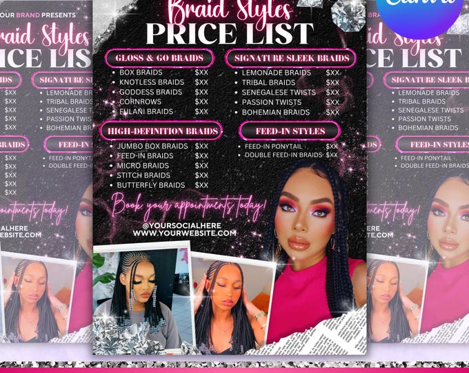 Braids Pricelist, Braids Price List Flyer,Knotless Braids Flyer,Beauty Salon Price Sheet, Premade Lash hair Nails Price List, Canva Editable