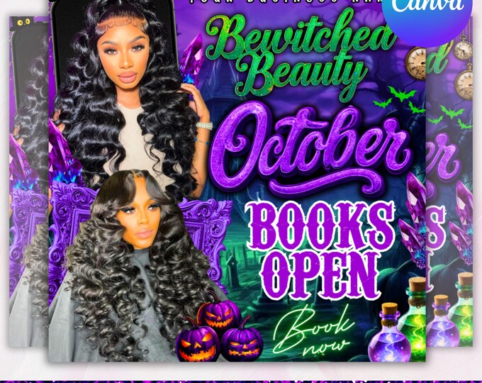 October Booking Flyer, October Books Open, Halloween Hair Flyer, Spooky SZN Flyer, October Hair Flyer, Nails MUA Lash Locs Wig, DIY Canva