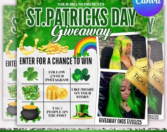 March Raffle Giveaway Flyer, St.Patricks Day Raffle Giveaway Flyer,March Book Now, March Hair, March Lashes Nails Braid Flyer,Canva Editable