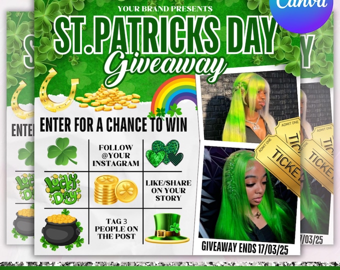 March Raffle Giveaway Flyer, St.Patricks Day Raffle Giveaway Flyer,March Book Now, March Hair, March Lashes Nails Braid Flyer,Canva Editable