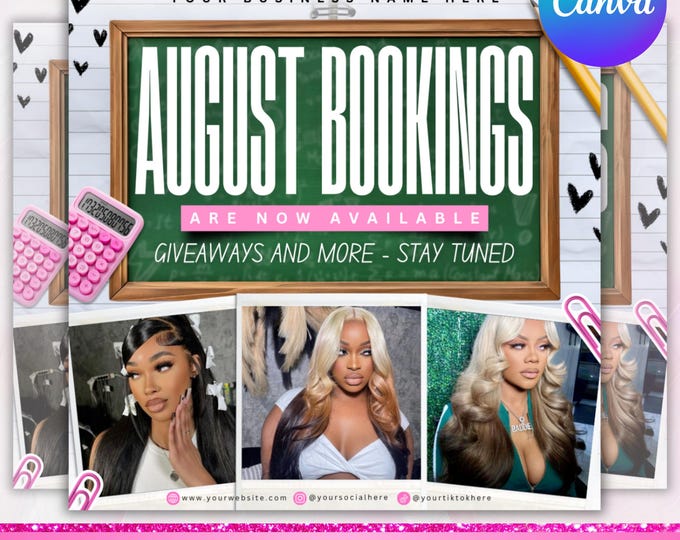 August Booking flyer, August Appointment Flyer, Back To School Flyer, Back to school sale flyer, Hair Braids Lash Wig Flyer, Canva Editable