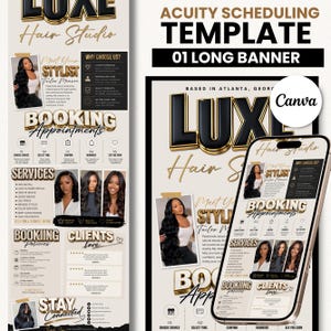 May include: A digital Acuity scheduling template for a hair studio featuring a long banner design. The layout includes sections for stylist information, booking appointments, service lists, policies, and client reviews in a black and gold color scheme.