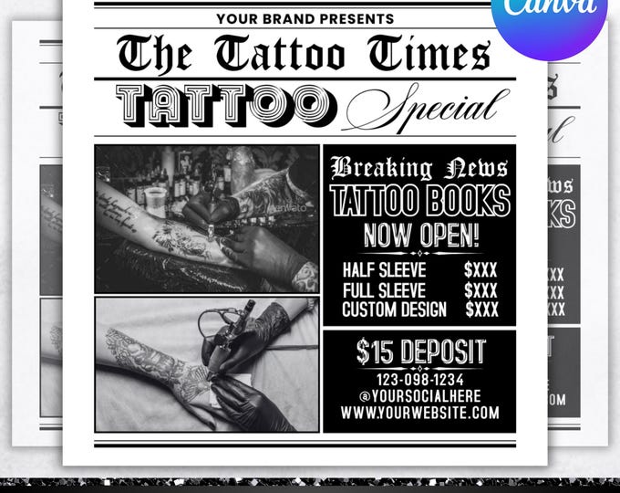 Tattoo Booking Flyer, Tatto News Paper Flyer,Tattoo Artist,Tattoo Shop Flyer,Social Media Flyer,Instagram Flyer,Booking Flyer,Canva Editable