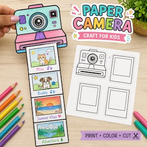 May include: A paper camera craft kit for kids featuring a colored camera with a pull-out strip of four illustrated photos labeled Milo, Buddy, Summer Vibes, and Adventure, alongside a black and white printable sheet with camera and photo outlines.