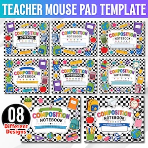 May include: A set of eight digital mouse pad templates featuring a black and white checkered background. Each design includes the text "COMPOSITION NOTEBOOK" and "THIS NOTEBOOK BELONGS TO:" surrounded by colorful school supply illustrations like globes, pencils, and backpacks.