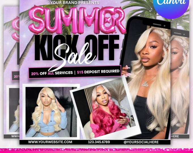 Summer Sale Bookings flyer, Summer Sale Flyer, June Booking Flyer, Summer Booking Flyer, June Books Open, Summer Hair Flyer, Canva Editable