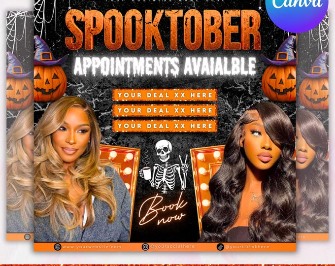 October Booking Flyer, October Books Open, Halloween Hair Flyer, Spooky SZN Flyer, October Hair Flyer, Nails MUA Lash Locs Wig, DIY Canva