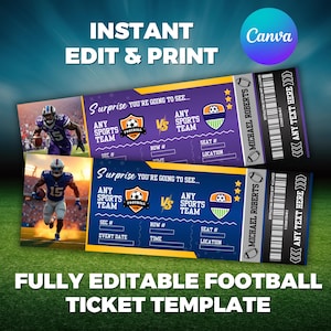 Editable Football Ticket, Football Game Ticket Gift, Football Birthday Ticket, Template Anniversary or Birthday Gift, Canva Editable