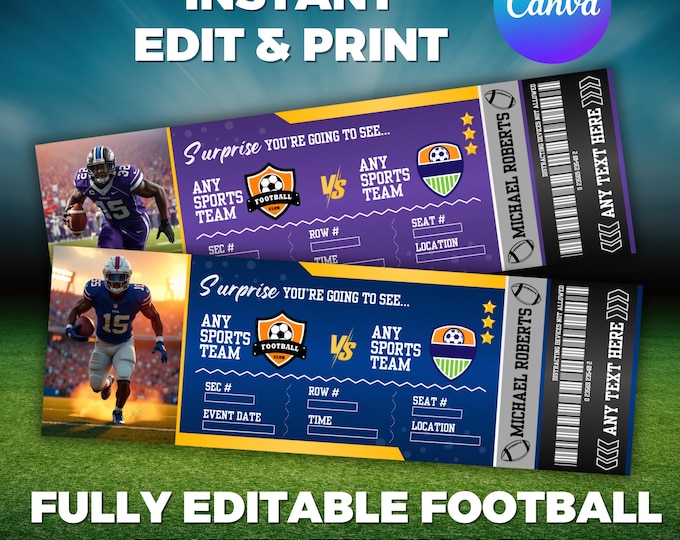 Editable Football Ticket, Football Game Ticket Gift, Football Birthday Ticket, Template Anniversary or Birthday Gift, Canva Editable