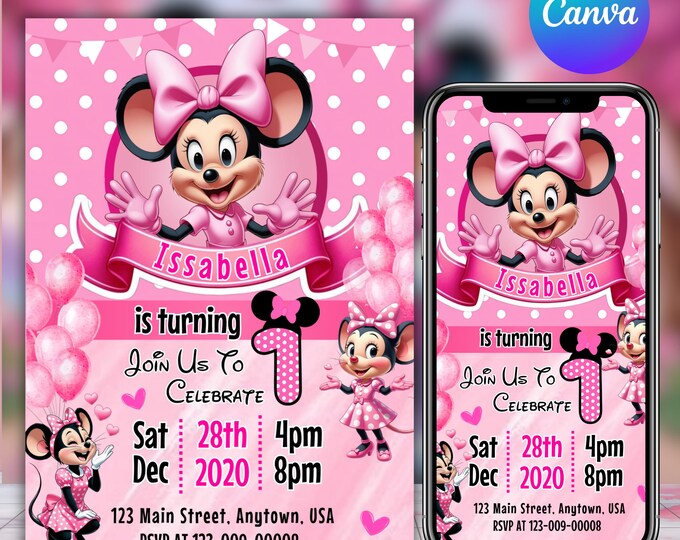 Editable Minnie Birthday Invitation, Minnie Birthday Invitation, 1st Birthday Invitation, Birthday Invitation, Canva Editable