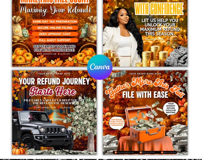 4 Thanksgiving Tax Professional Templates | Tax Prep Flyer | Tax Season 2025 | November Flyer | Tax Prep Bundle | Credit | Canva Template