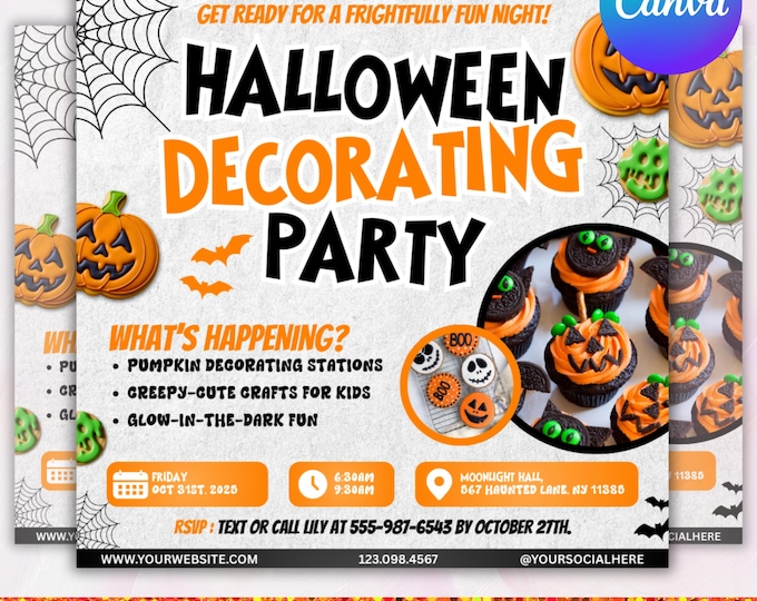 Halloween Cookie Decorating Party Flyer, Pumpkin Ghost Witch Bat Cookie Editable Digital Invitation Event Flyer, Canva Editable