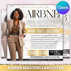 May include: An Airbnb masterclass flyer featuring a woman in a tan suit. The flyer includes text about turning property into profit, with bullet points on what you'll discover. The flyer also includes a call to action to book now.