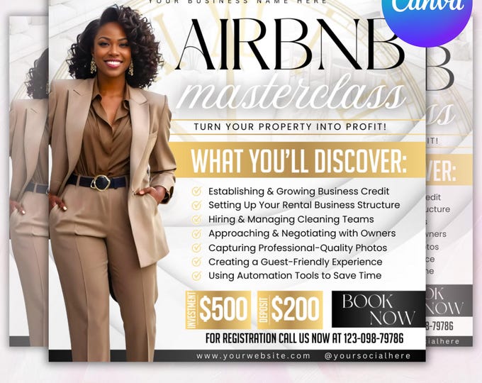 Airbnb Masterclass Flyer,  Masterclass Flyer, Airbnb Course, Airbnb Flyer, Airbnb Class, Estate Agent flyer, Host Airbnb, Canva Editable