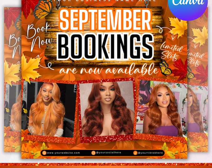 September booking flyer, September flyer, Fall Season Booking Flyer, Fall Szn Sale, Wig Install, Lash Nail Braids Flyer, Canva Editable