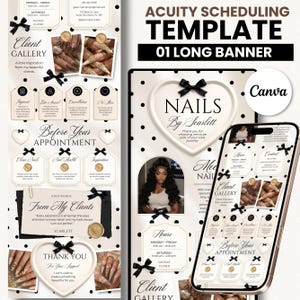 May include: A digital marketing template for a nail salon featuring a cream background with black polka dots, black bows, and heart-shaped frames. The text includes Acuity Scheduling Template, Nails By Scarlett, and sections for client gallery, hours, and appointment policies.