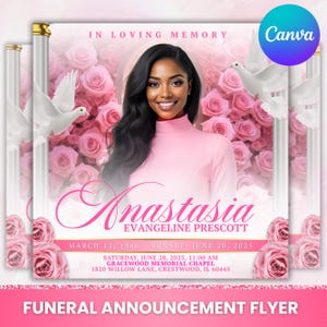 Könnte beinhalten: Ein rosa Traueranzeigen-Flyer mit dem Text "In Loving Memory" und "Anastasia Evangeline Prescott". Der Flyer zeigt ein Foto einer Frau, rosa Rosen und Tauben. Der Flyer enthält auch das Geburtsdatum, das Sterbedatum und die Servicedetails.
