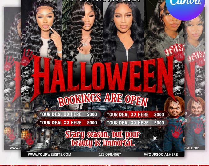 Halloween Booking Flyer, October Booking Flyer, Halloween Hair Flyer, Spooky SZN Flyer, October Hair Flyer, Nails Lash Locs Wig, DIY Canva