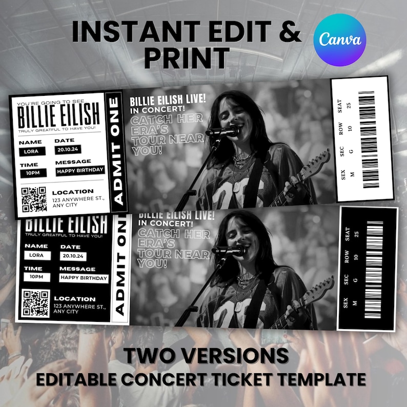 Editable Concert Ticket Template, DIY Event Ticket, Surprise Gift Custom Concert Ticket, Printable Concert Tickets Gift Idea, Canva Editable