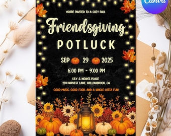 May include: A black Friendsgiving potluck invitation with fall-themed graphics. The invitation includes text, pumpkins, sunflowers, and fall leaves. The text reads "Friendsgiving Potluck" and includes the date, time, and location.