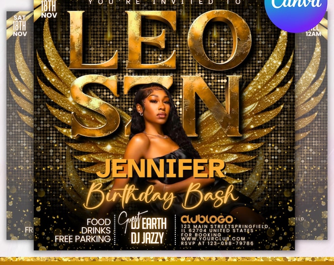 Leo Season Birthday Flyer, Leo Birthday Flyer, Birthday Girl Flyer, Birthday Event Celebration Flyer, Birthday Party Invite, Canva Editable