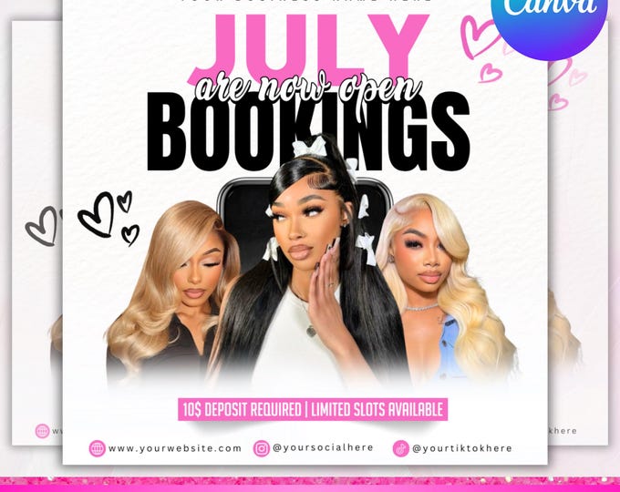 July Booking Flyer Template - Summer Bookings - Hair Lash Makeup Nail Book Now Appointment Flyer - Canva Template