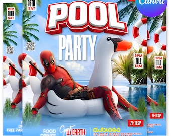 Deadpool Pool Party Flyer, Pool Party Flyer  Summer Party Flyer, Dj Party Invitation, Event Flyer, Urban Party Flyer, Editable Canva
