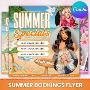 Sommer-Verkaufs-Buchungs-Flyer, Sommer-Verkauf-Flyer, Juni-Buchungs-Flyer, Sommer-Buchungs-Flyer, Juni-Bücher-offen, Sommer-Haar-Flyer, Canva bearbeitetbar
