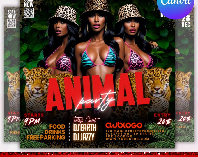 Animal Party Flyer, Animal Party Invitation, Club Party Flyer, Wild Party Flyer, Animal Party nightclub event, Canva Editable