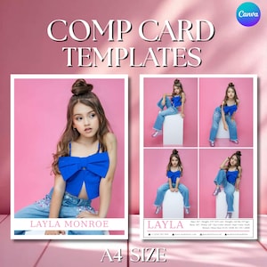 May include: A4 size comp card templates with a pink background. The templates feature a young model named Layla Monroe in a blue top and jeans. The text "COMP CARD TEMPLATES" is at the top.