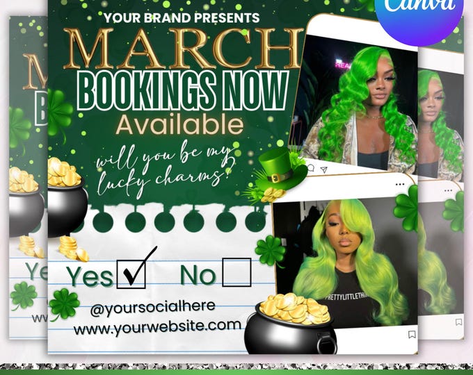 March Booking Flyer, St. Patrick Day Flyer, March Madness Flyer, March Book Now, March Hair, March Lashes Nails Flyer, Canva Editable