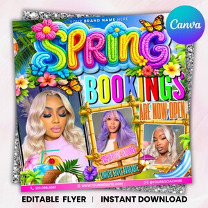 Spring Break Booking Flyer, Spring Booking Flyer, Spring Break Sale Flyer, Spring Special Flyer, Hair Lash Nail Makeup Braids,Canva Editable Spring Break Flyer, March Bookings, Editable Spring Glam Flyer Template, Spring Flyer, Book Now Flyer, Canva Template Instant Download  Spring Break Flyer, Spring Booking Flyer, Editable Spring Flyer Template, Book Now Flyer, Braids Flyer, Canva Template Instant Download