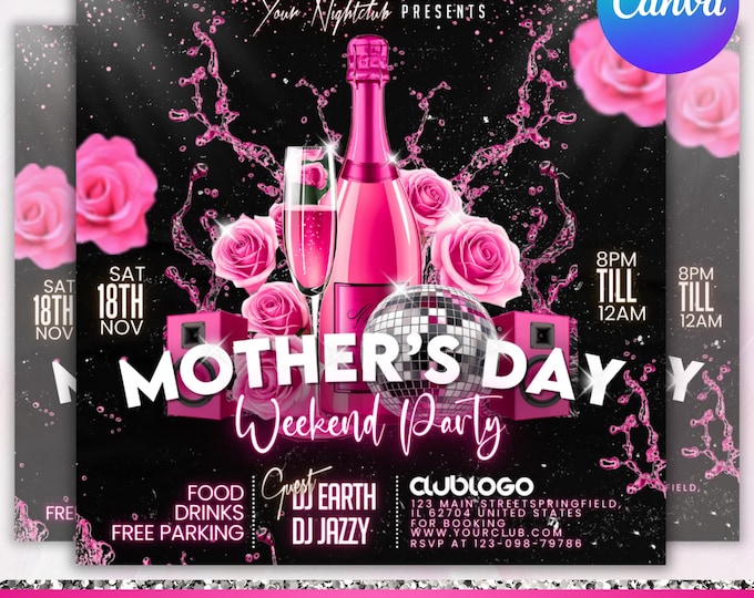 Mother's Day Party Flyer, DIY Flyer Template Design, Weekend Party Flyer, DJ Event Flyer,Ladies Night Flyer, Club Party Flyer,Canva Editable