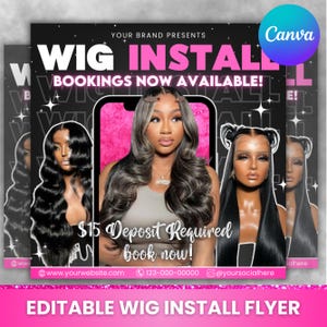 Wig Install Flyer, Wig Specials, Wig Flyer, Hair Install Flyer, Hair Booking Flyer, Hair Stylist, Social Media Flyer, Canva Editable