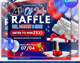 4th Of July Raffle Giveaway Flyer, DIY Flyer Template, Independence Day Giveaway Flyer, Holiday Flyer, Raffle Ticket Flyer, Canva Editable