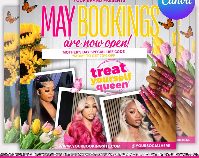 May Booking Flyer, Mother's Day Booking Flyer, May Books open, May Appointment Flyer, Hair Braids Wig Lashes Flyer, Canva Editable