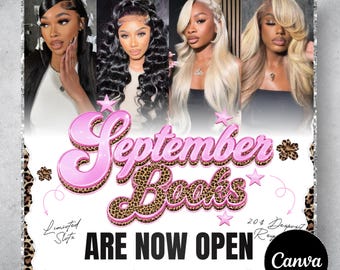 September Booking Flyer, September flyer, Fall Booking Flyer, September Books Open, Wig Install, Lash Nail Braids Flyer, Editable in Canva