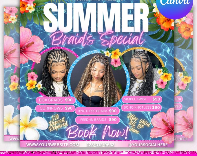 Summer Braid Sale Flyer, Summer Sale Flyer, Braid Prices Flyer, Braids Sale Flyer, Hair Flyer, Braids Special Flyer Template, Canva Editable