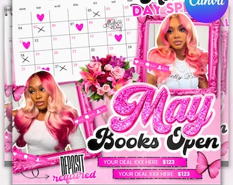 May Booking Flyer, Mothers Day Booking Flyer, May Hair, May Books Open, May Appointment Flyer, May Book Now, May Lashes Nail Braid Wig Flyer