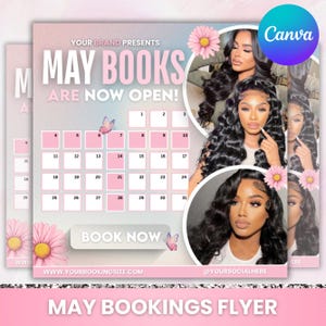 May include: A pink and white calendar with the text "May Books Are Now Open!" and a "Book Now" button. The calendar has a floral design and images of women with long, curly hair.