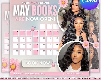 May Booking Flyer: Hair, Braids, Wigs, Lashes (Canva Editable)