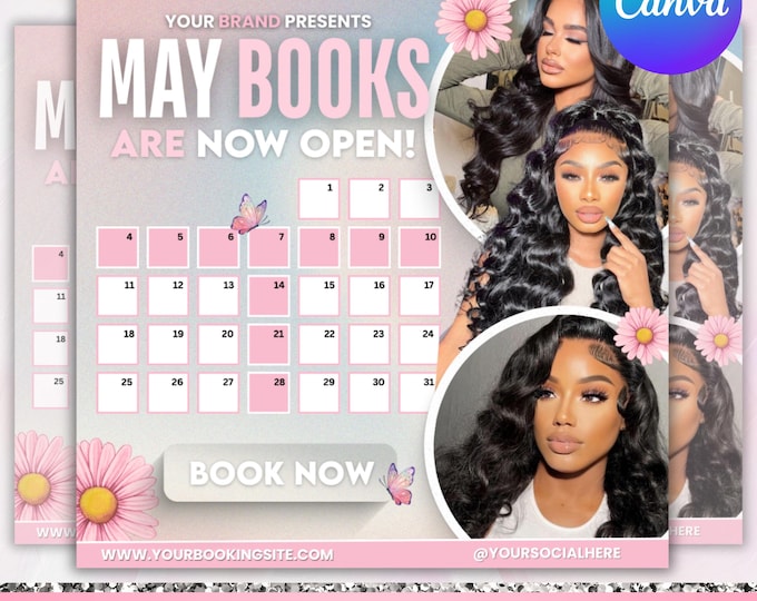 May Booking Flyer, Mother's Day Booking Flyer, May Books open, May Appointment Flyer, Hair Braids Wig Lashes Flyer, Canva Editable
