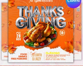Thanksgiving-Party-Flyer, Thanksgiving-Club einladen, Friendsgiving-Dinner einladen, Feier-Flyer, Social-Media-Flyer, Canva bearbeitbar