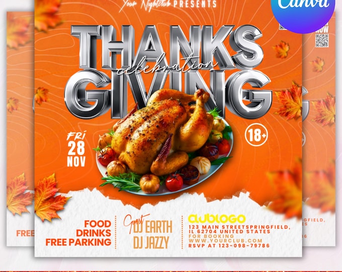 Thanksgiving Party Flyer, Thanksgiving Club Invite, Friendsgiving Dinner Invite, Celebration Flyer, Social Media Flyer, Canva Editable
