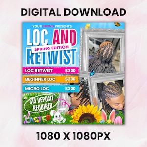 Locs Specials Flyer, Loc And Retwist Flyer, Dread Locks Flyer, Loc Styling Braids Flyer, Hairstylist, Loctician,Locs Special, Canva Editable  Loc And Retwist Flyer, March Booking Flyer, March Bookings, St. Patricks Flyer, Hairstylist, Loctician, Locs Special, Canva Editable April Booking Flyer Template - Spring Bookings - Easter Appointment Flyer - Hair Lash Makeup Nail Book Now Flyer - Canva Template  April Booking Flyer, April Beauty Specials, Spring Books Open, Spring Booking,