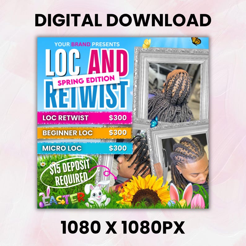 Locs Specials Flyer, Loc And Retwist Flyer, Dread Locks Flyer, Loc Styling Braids Flyer, Hairstylist, Loctician,Locs Special, Canva Editable  Loc And Retwist Flyer, March Booking Flyer, March Bookings, St. Patricks Flyer, Hairstylist, Loctician, Locs Special, Canva Editable April Booking Flyer Template - Spring Bookings - Easter Appointment Flyer - Hair Lash Makeup Nail Book Now Flyer - Canva Template  April Booking Flyer, April Beauty Specials, Spring Books Open, Spring Booking,